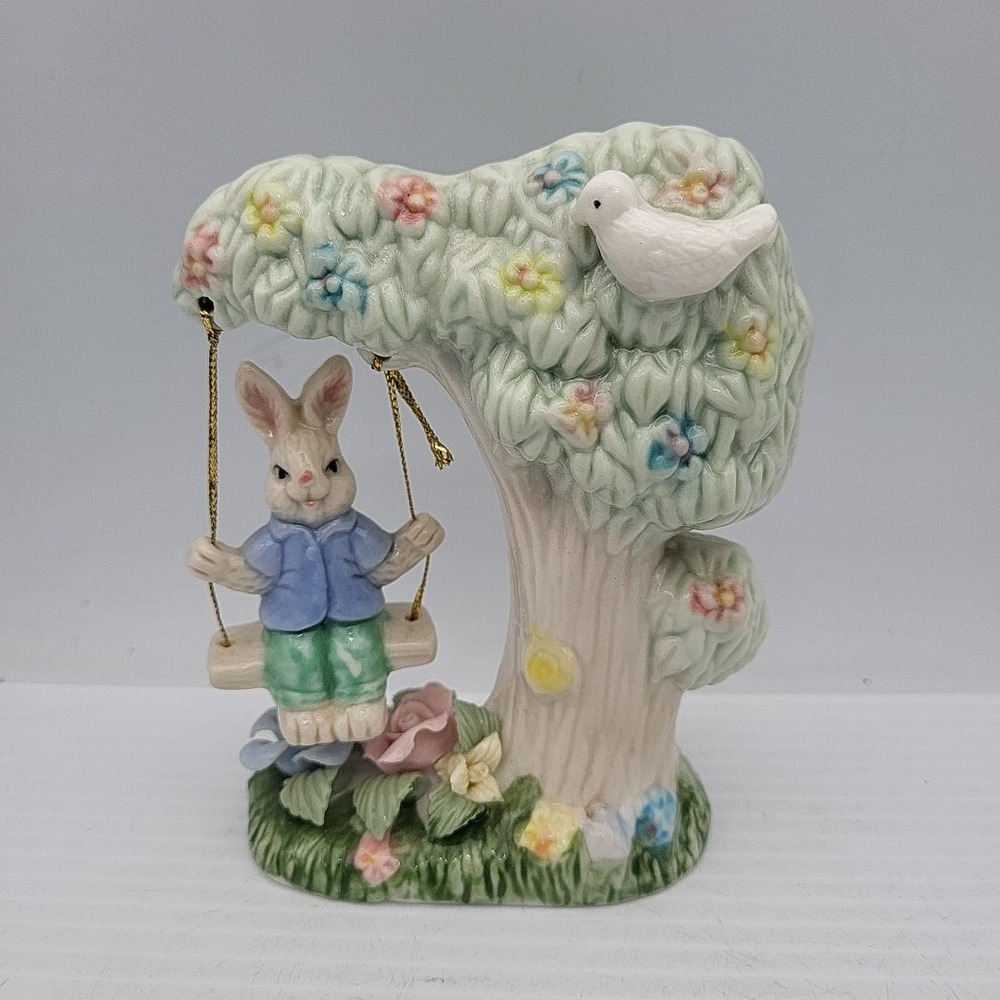 Easter Holiday‎ Rabbit on Tree Swing Porcelain Figurine Boy Bunny K's Collection